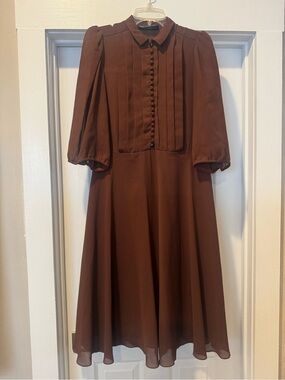 Brown Vintage-Style Pleated Midi Dress
